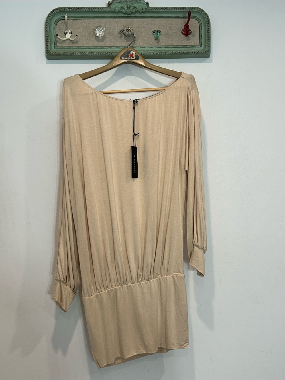 Dolls Kill Y2K off the shoulder Neutral Beige Long Sleeve Drop-Waist Mini Dress